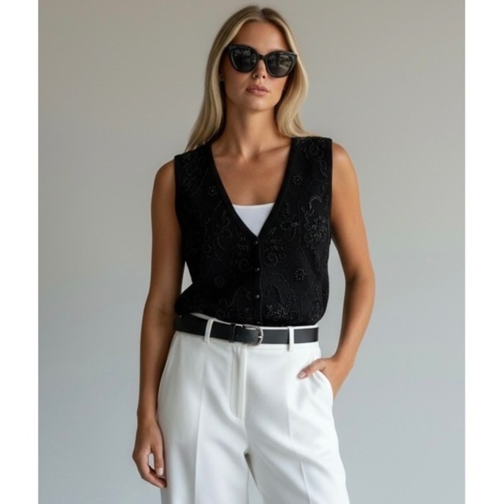 Vintage Black Beaded Size 14 Floral Embroidered Cotton Knit Sweater Vest